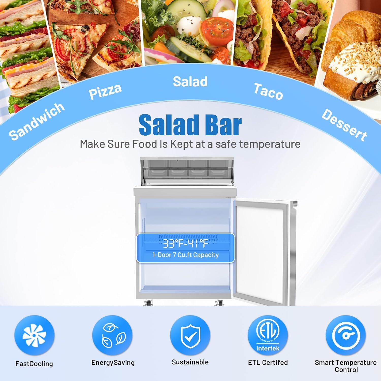 KICHKING 27” W Commercial Refrigerators 7 Cu.ft Sandwich&Salad Prep Table Stainless Steel Counter Single Door Fan Cooling Refrigerator 8 Pans for Salad Bars, Quick-Service Restaurant