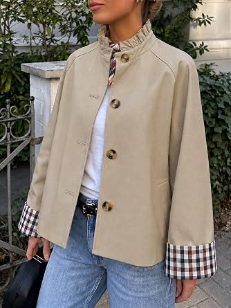 Cicy Bell Womens Ruffle Short Trench Coat Single Breasted Cropped Jackets
