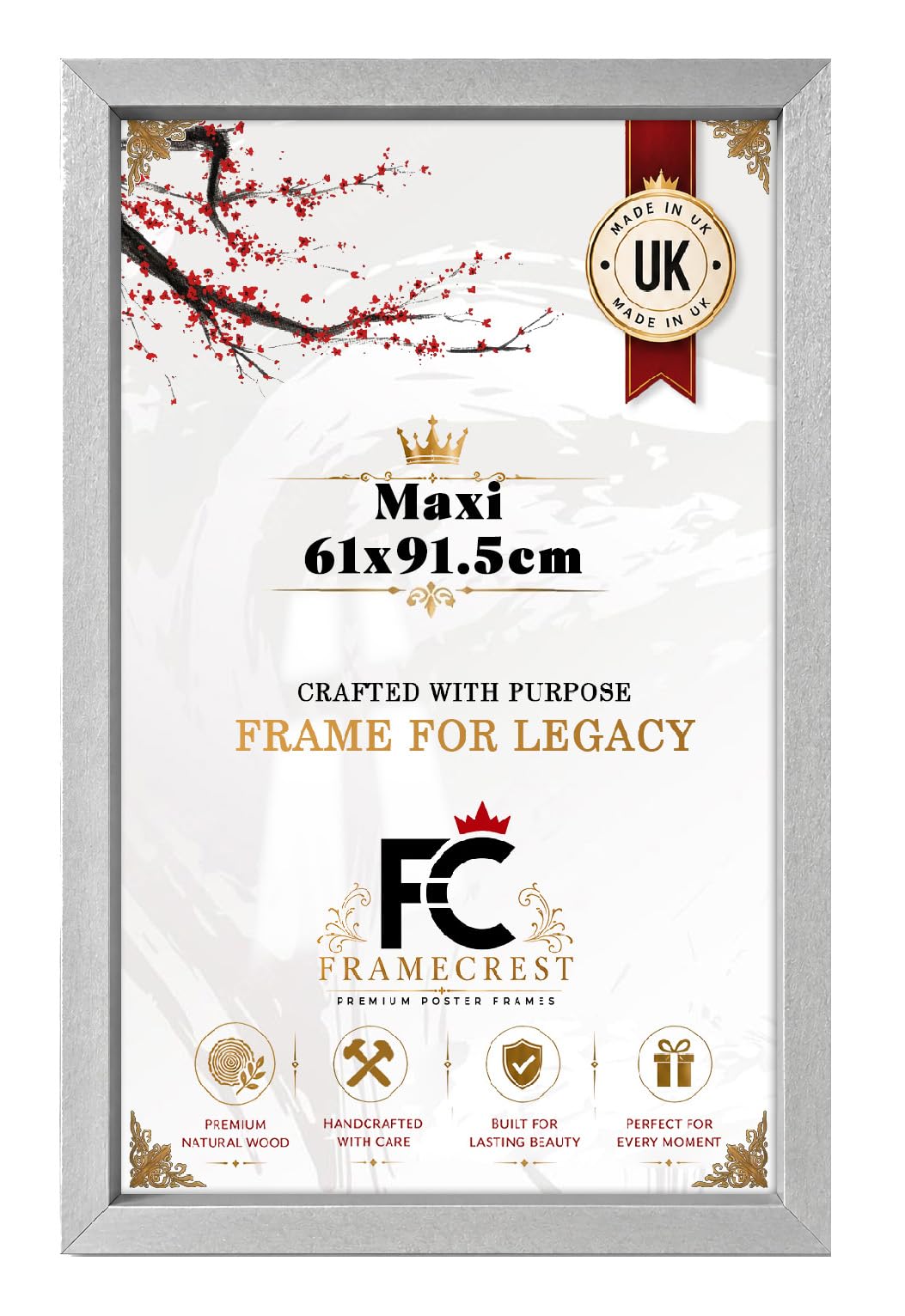 FRAMECREST Stunning Maxi 61x91.5cm MDF Frame | Jigsaw Puzzle Frame, Picture Frame, Poster Frame for Wall Mounting Display Horizontally or Vertically Hanging-[Silver]