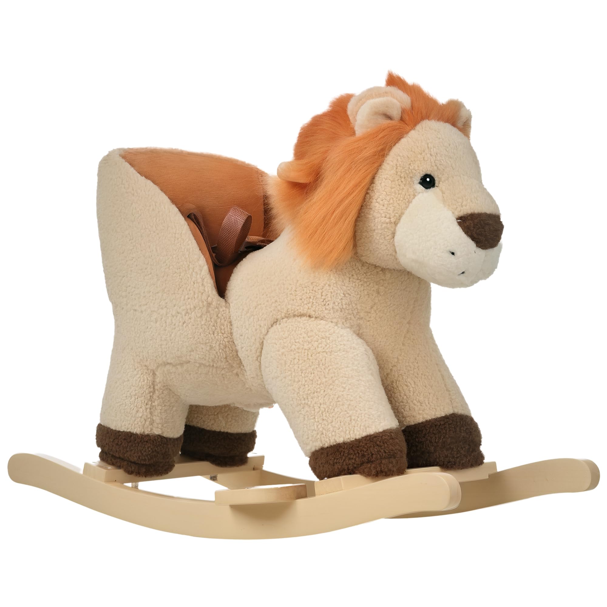 HOMCOM Baby Rocking Horse, Plush Ride on Lion Seat for Toddlers 18-36 Months with Sound, Safety Belt, Wood Base, Animal Rocker for Children, Brown