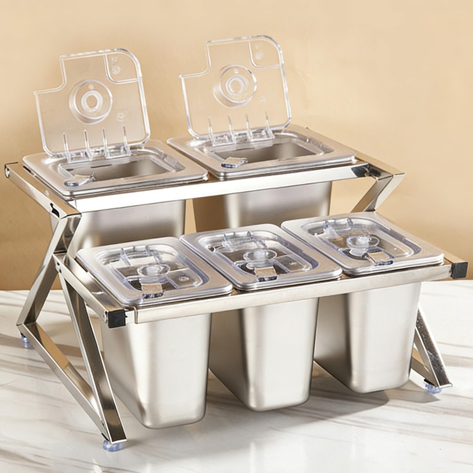 Stazione per pizza con coperchio ribaltabile in acciaio inox con paletta inclinata per spezie, salse, marmellate e frutta, perfetto supporto per controsoffitto