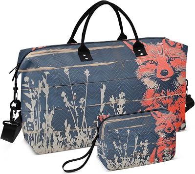 Large Travel Duffel Bag, Fox Board Rustic Sport Tote Gym Bags, Shoulder Weekender Overnight Bags for Women Men, Carry On Luggage with Toiletry Bag