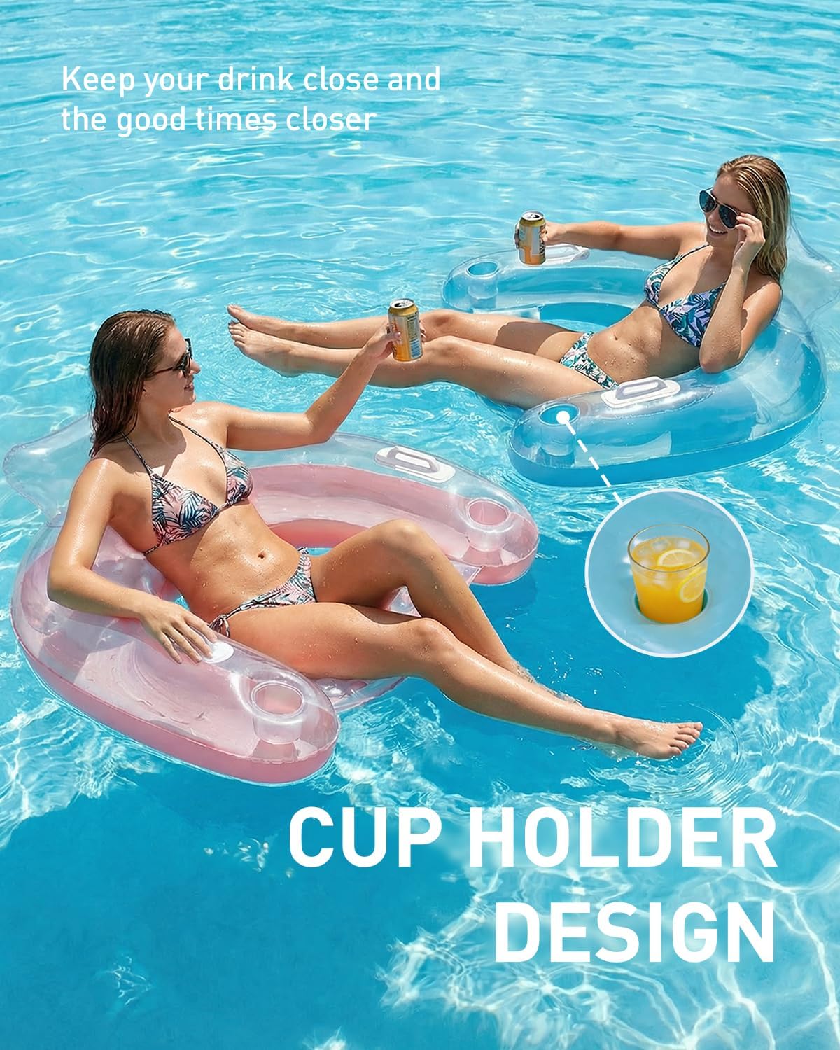 HLDIRECT Inflatable Pool Chair Adult, Floating Chair with Cup Holders for Swimming Pool, Water Lounger with Handles & Ergonomic Headrest, Float Lounger for Party Summer Water Fun