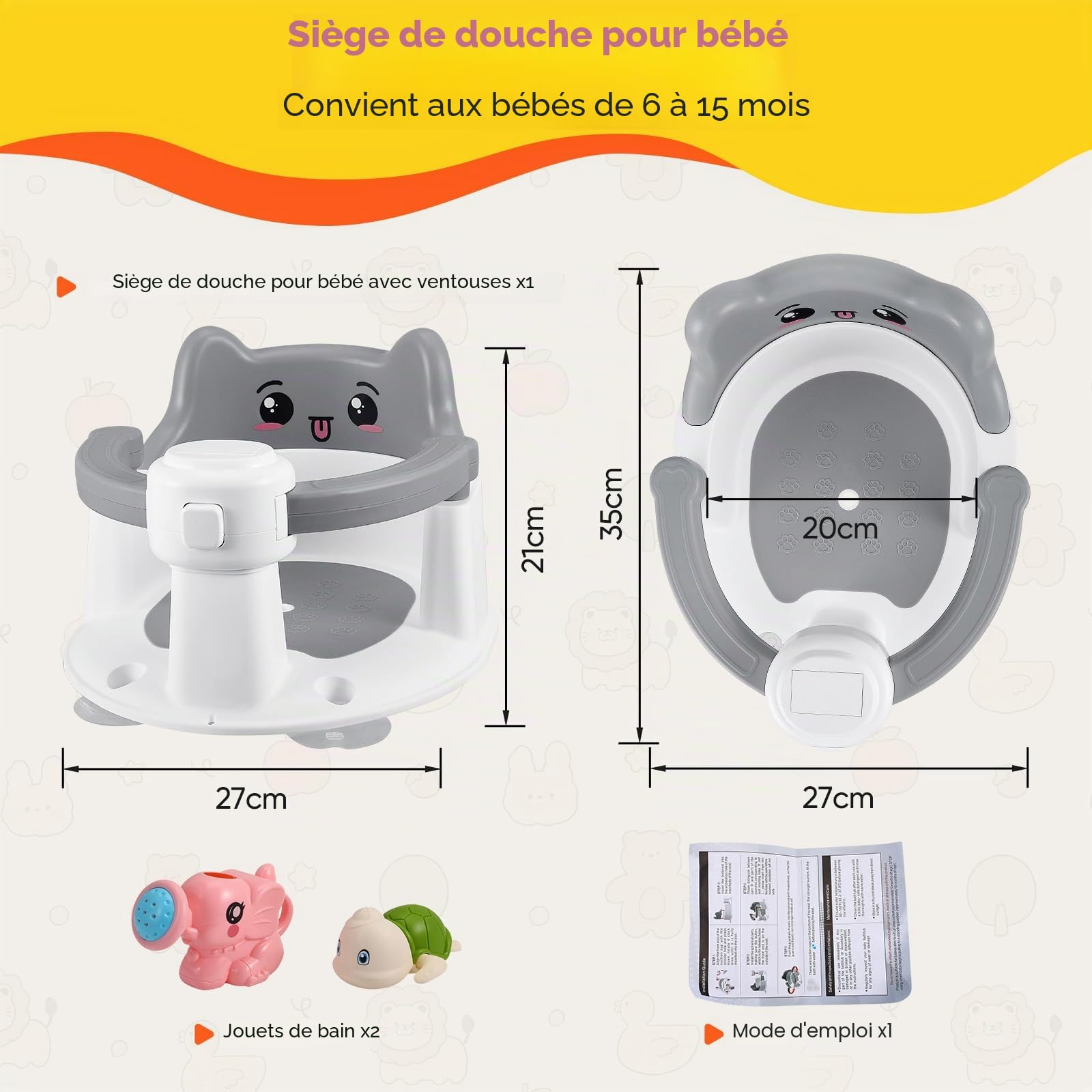 Siège de Bain Bébé Antidérapante 6 Mois+ avec 4 Ventouses