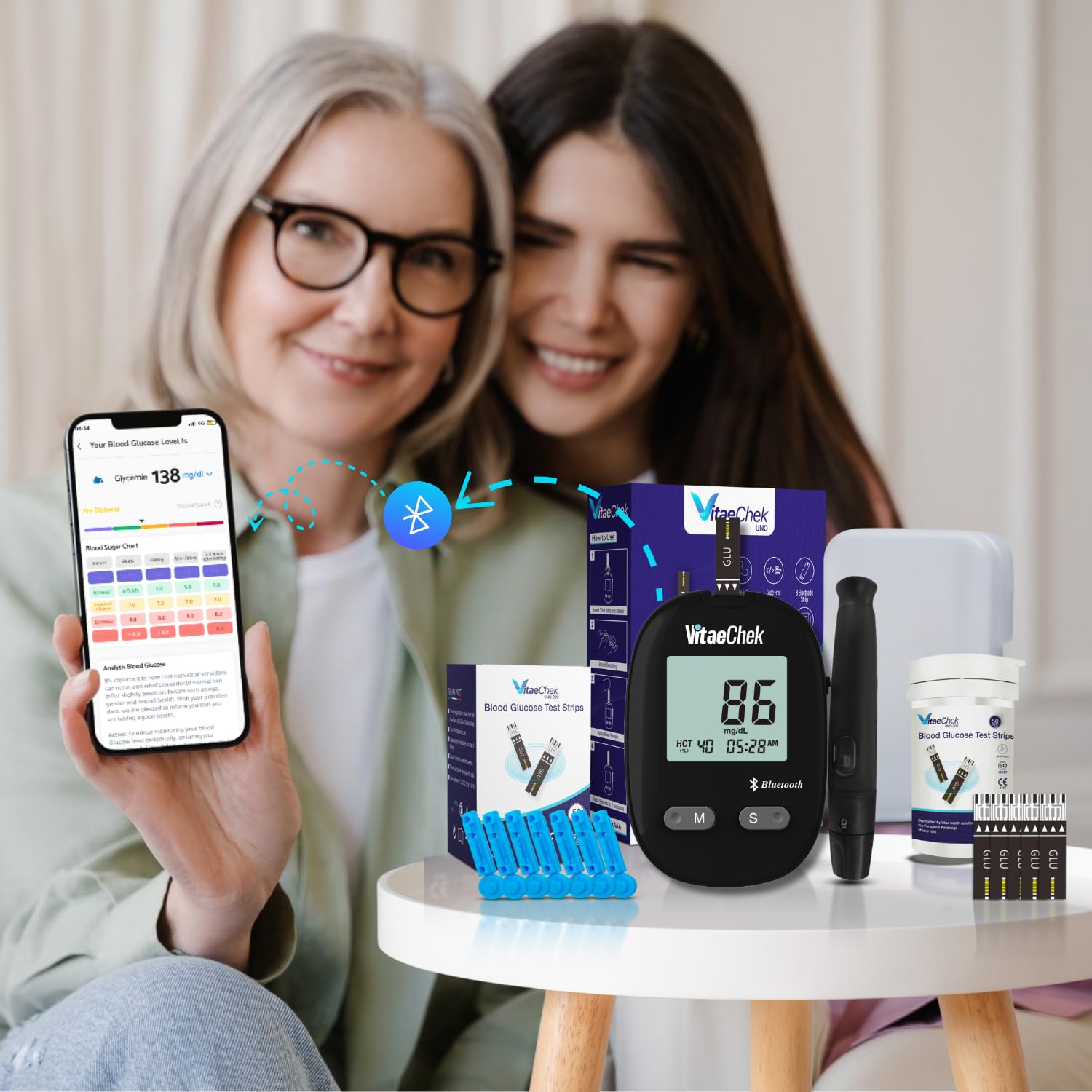 G1 Pro misuratore glicemia bluetooth, Glucometro con 50 strisce GDH-FAD e 50 lancette, misura glicemia rapida e precisa, facile da usare, ideale per diabete tipo 1, 2 e gestazionale, mg/dL