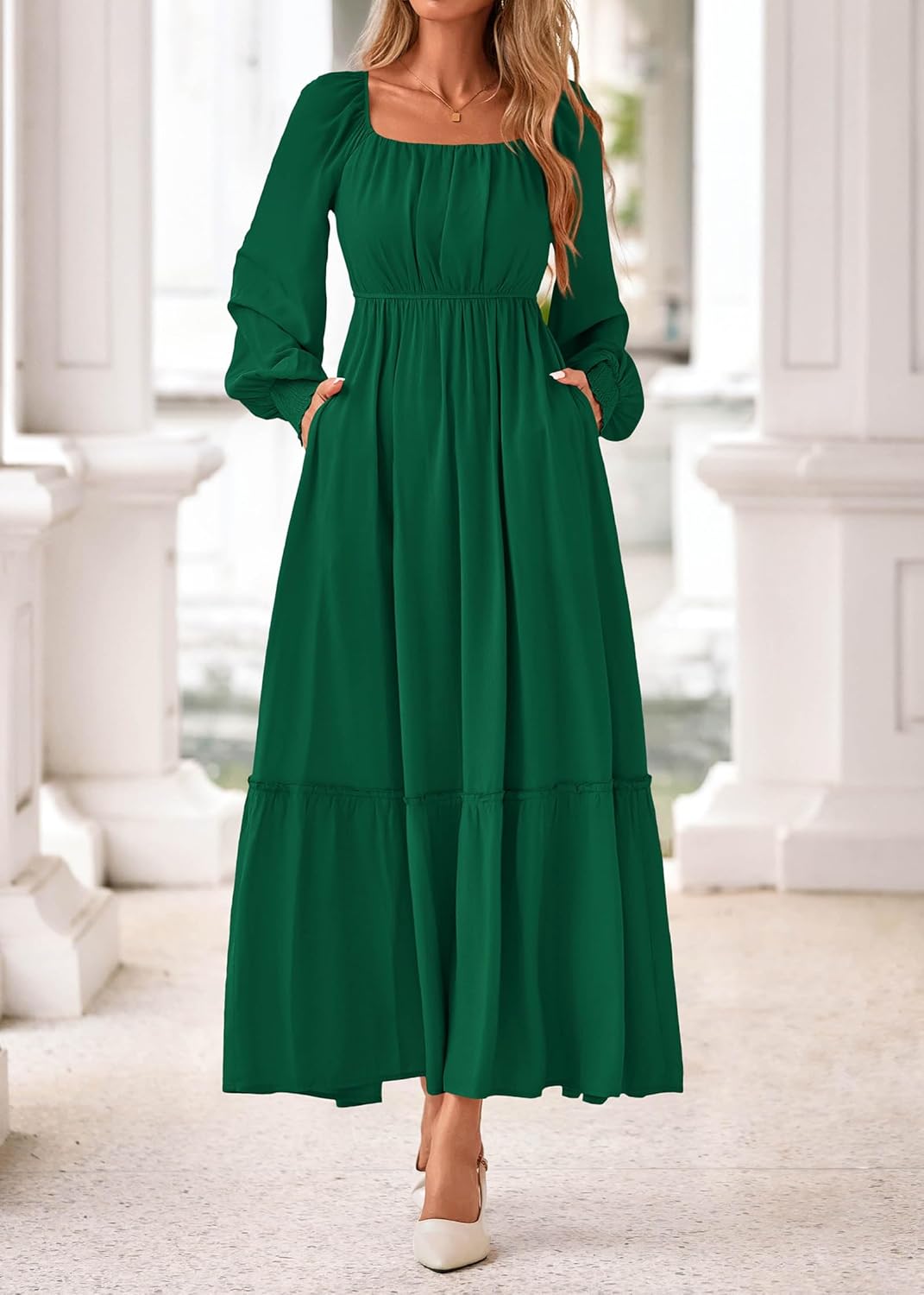 KIRUNDO Casual Fall Dresses for Women 2026 Flowy Long Sleeve Maxi Dress Smocked Empire Waist Square Neck Wedding Party - Image 4
