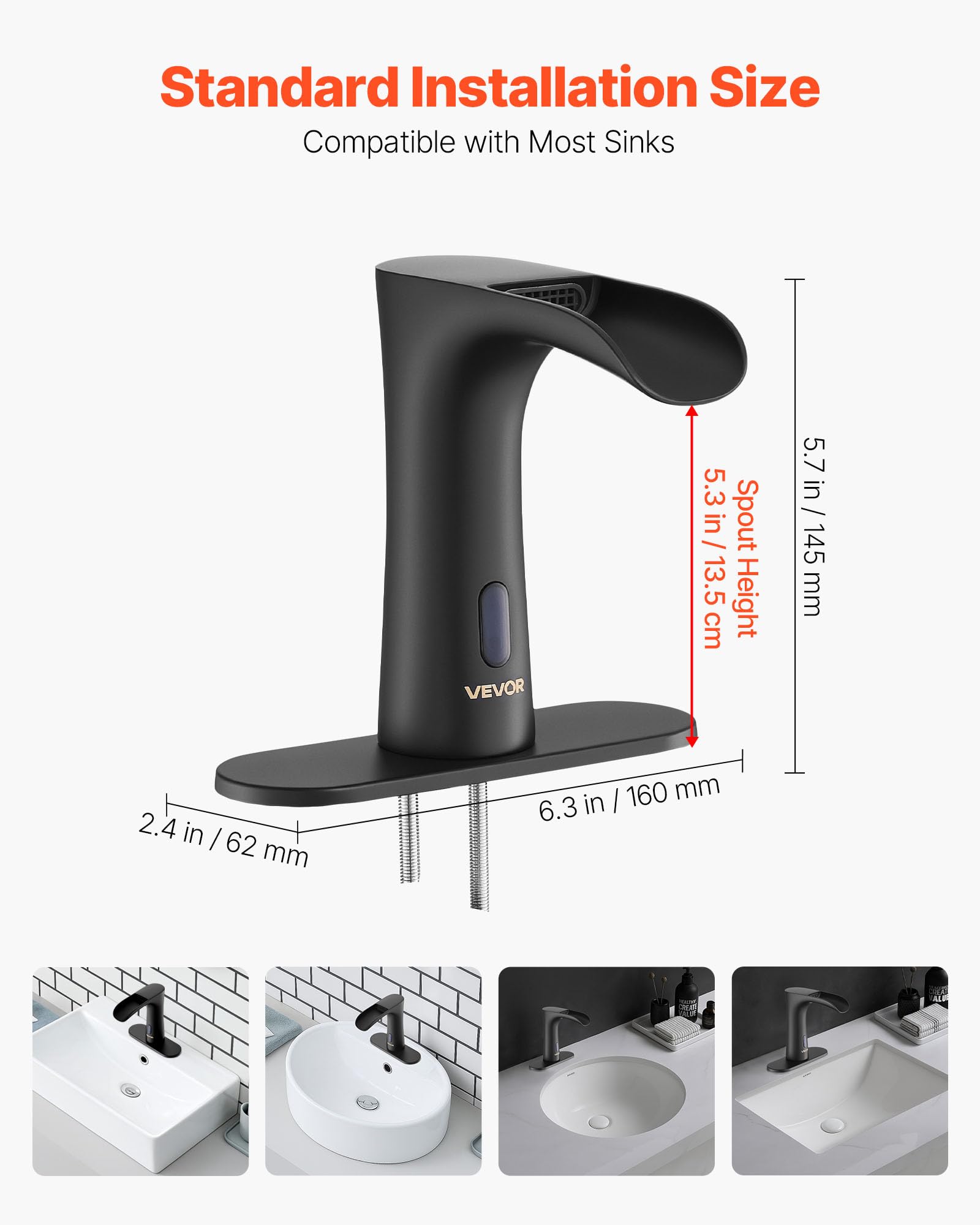 VEVOR Grifo de Lavabo Automático sin Contacto para Baño, Latón, con Sensor y Tapa, Grifo a Pilas, Cascada Semi-Cerrada, Recubrimiento Electroforético, 7,6 L/min, Negro Mate, 160 x 62 x 145 mm