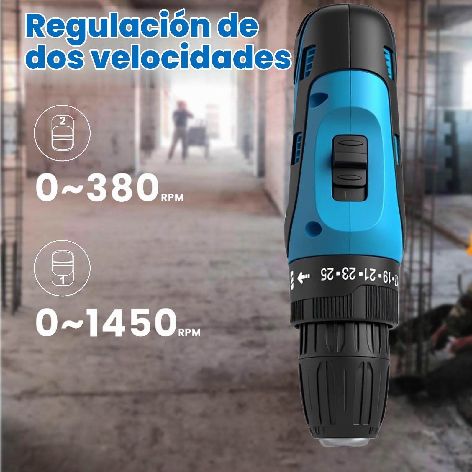 Atornillador con batería, 12V, más de 25 ajustes de torque, 2 velocidades, luz LED, diseño sin cable, pequeño atornillador de batería para paredes de perforación, madera