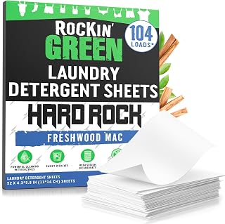 Rockin' Green Hard Rock Travel Laundry Detergent Sheets for Hard Water - Mess-Free Laundry Sheet Detergent with Sodium Bicarbonate - Easily Dissolvable Laundry Soap Sheets (104 Loads, Freshwood Mac)