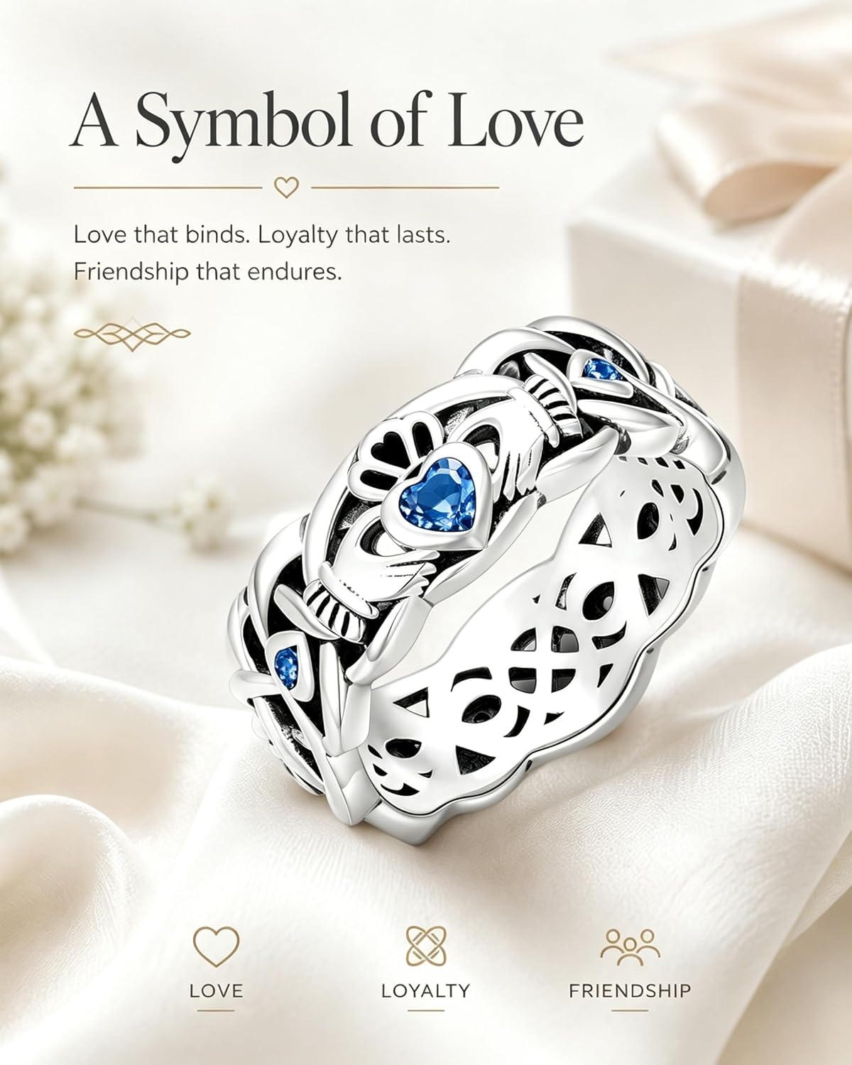 Seiyang Claddagh Ring 925 Sterling Silver Irish Claddagh Band Ring with 12 Months Birthstone Irish Lucky Jewelry Gifts for Women Mom Her