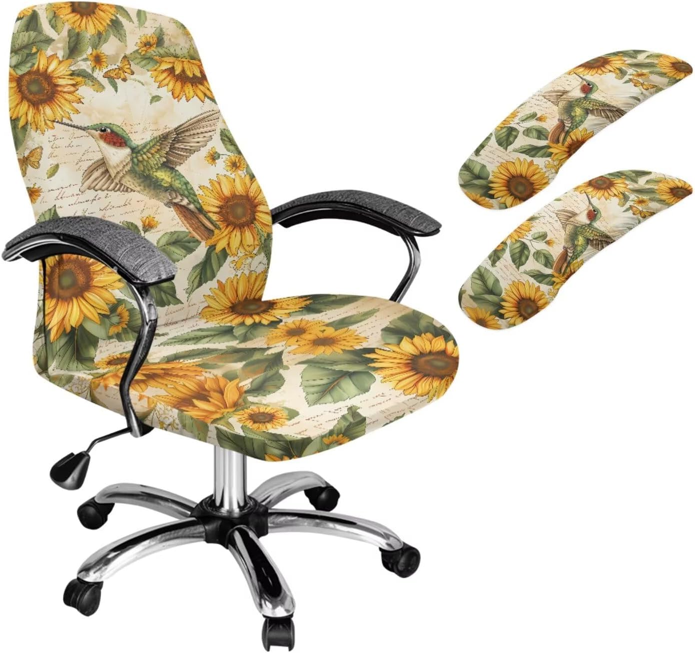 Hummingbird Print Computer Chair Cover with Armrest Covers, Hibiscus Printed Desk Chair Seat Protector Elastic, Scratches Protection Office Chairs Cover, Green