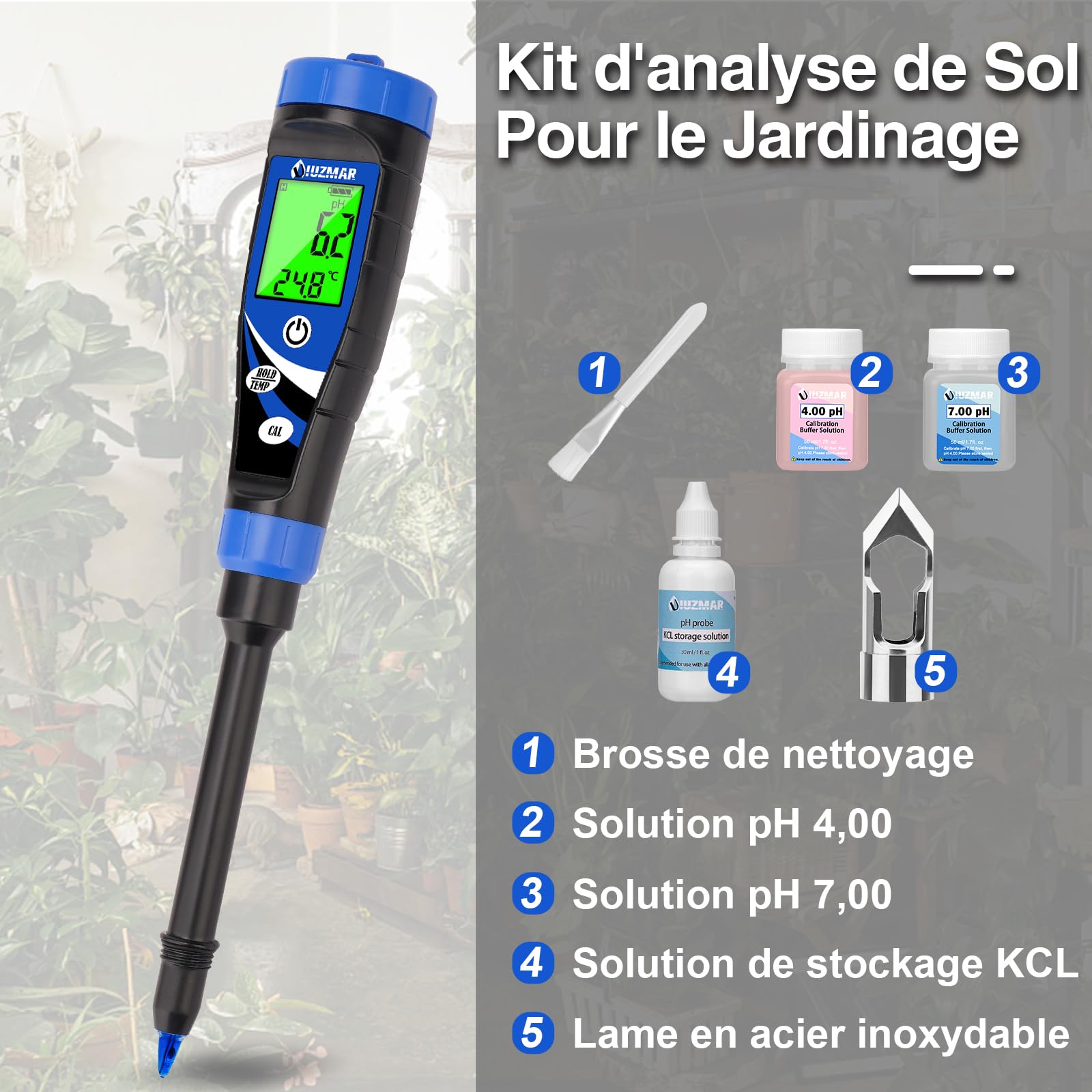 UIUZMAR Testeur de pH du Sol, Testeur de pH Électronique pour Plantes, Probateur de pH du Sol, Testeur de pH Numérique pour Terre et Eau, Hydroponie