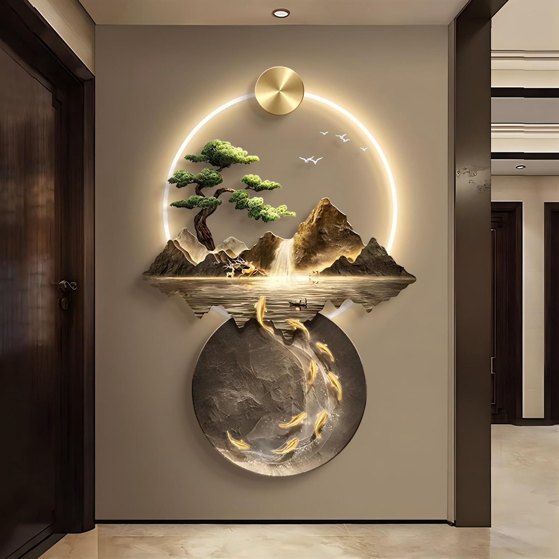 Décoration murale LED 3D en relief - Feng Shui - Lampe décorative suspendue salon, entrée, couloir (marron, 60x90 cm)