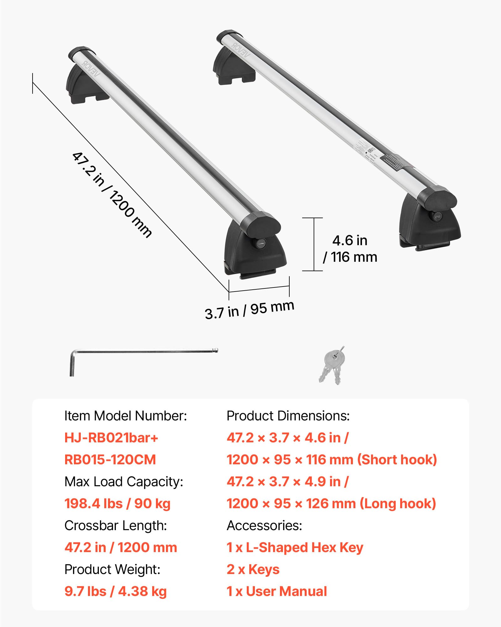 VEVOR Bagażnik dachowy do samochodu SUV, bagażnik dachowy, maksymalne obciążenie 90 kg długości 1200 mm, 2 sztuki do uniwersalnych aluminiowych bagażników, rowerów, podróży, kempingu, wędkowania