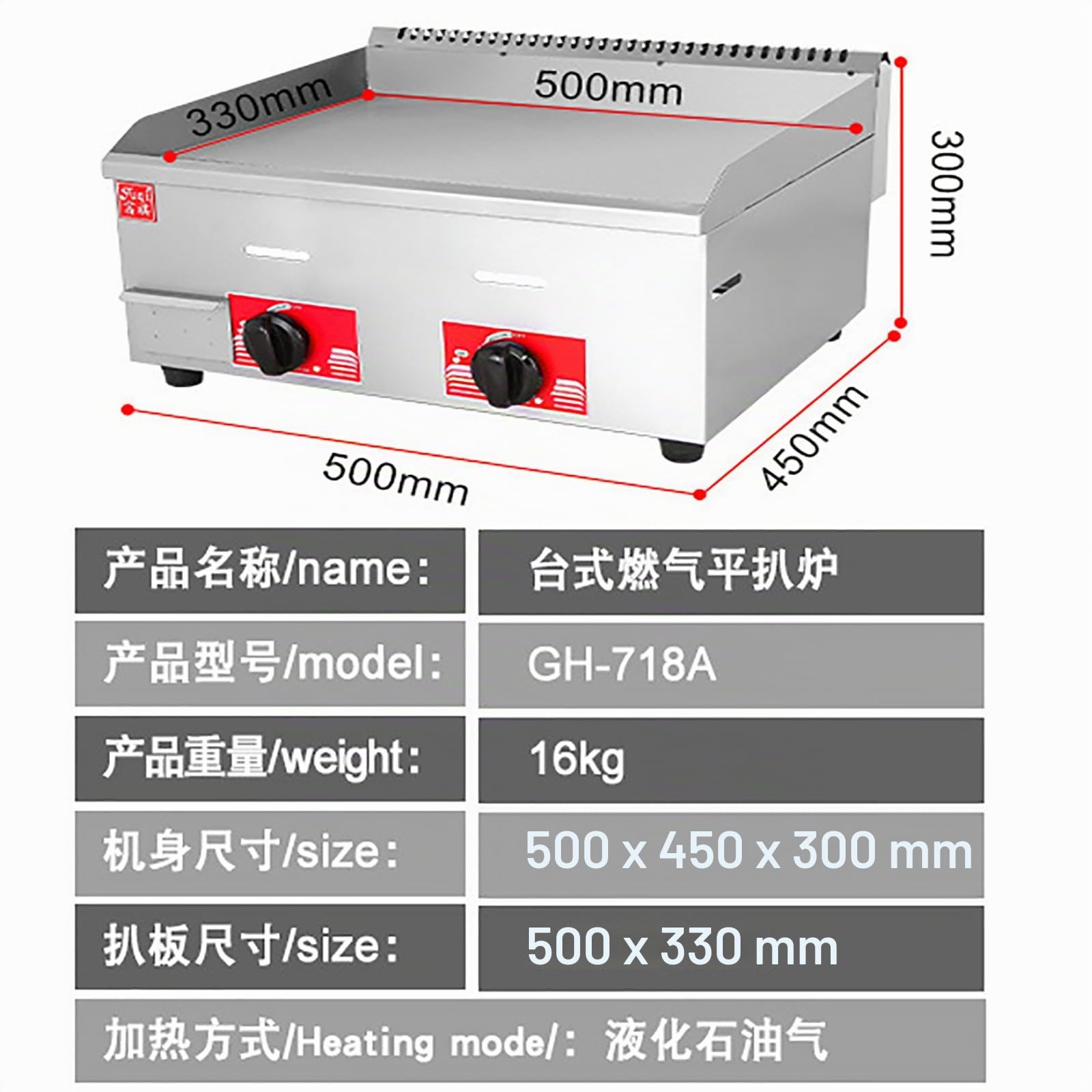 Piastra da banco commerciale in acciaio inox a gas per cucinare barbecue, piastra piatta a riscaldamento rapido a doppio controllo per bistecche, uova, frittelle