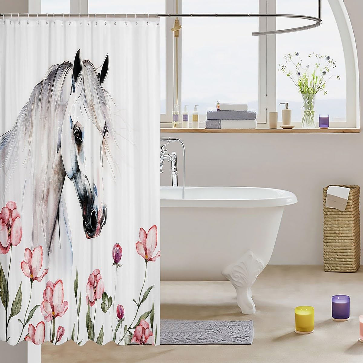 Horse Kids Shower Curtains,Magnolias Flowers Romantic Bathroom Curtains,Girls Boys Adults Bedroom Decor,Animals Rustic Farmhouse White Dreamy Waterproof Curtains,12 Hooks Suits,72" W x 72" L image 3