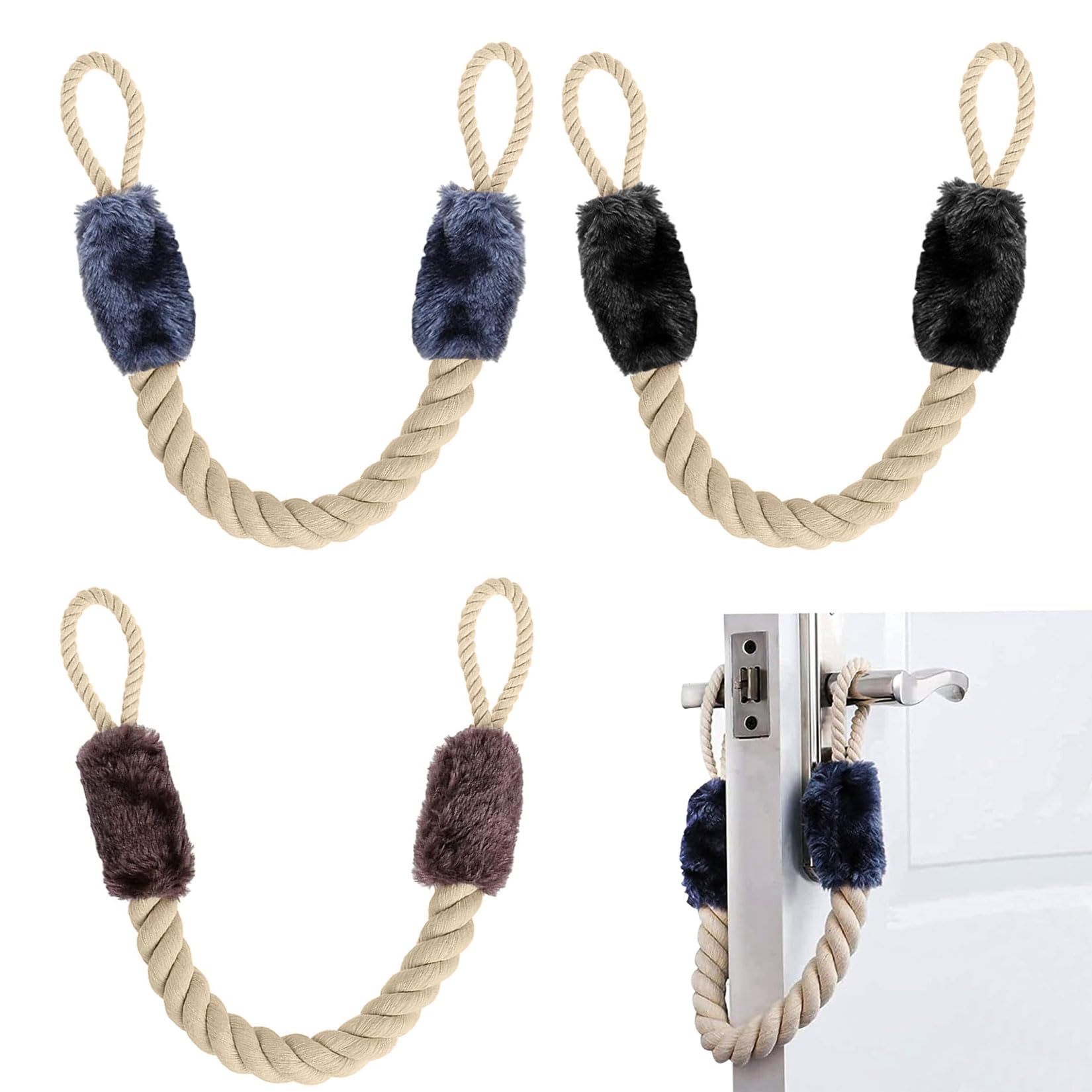 3 Stück Türstopper Klinke Klemmschutz für Türen Kordel, 60 cm Baumwolle Türstopper Türkordel Klemmschutz für Türen, Türkordeln Seile für Haustier und Kinder Fingerschutz(Schwarz Braun Blau)