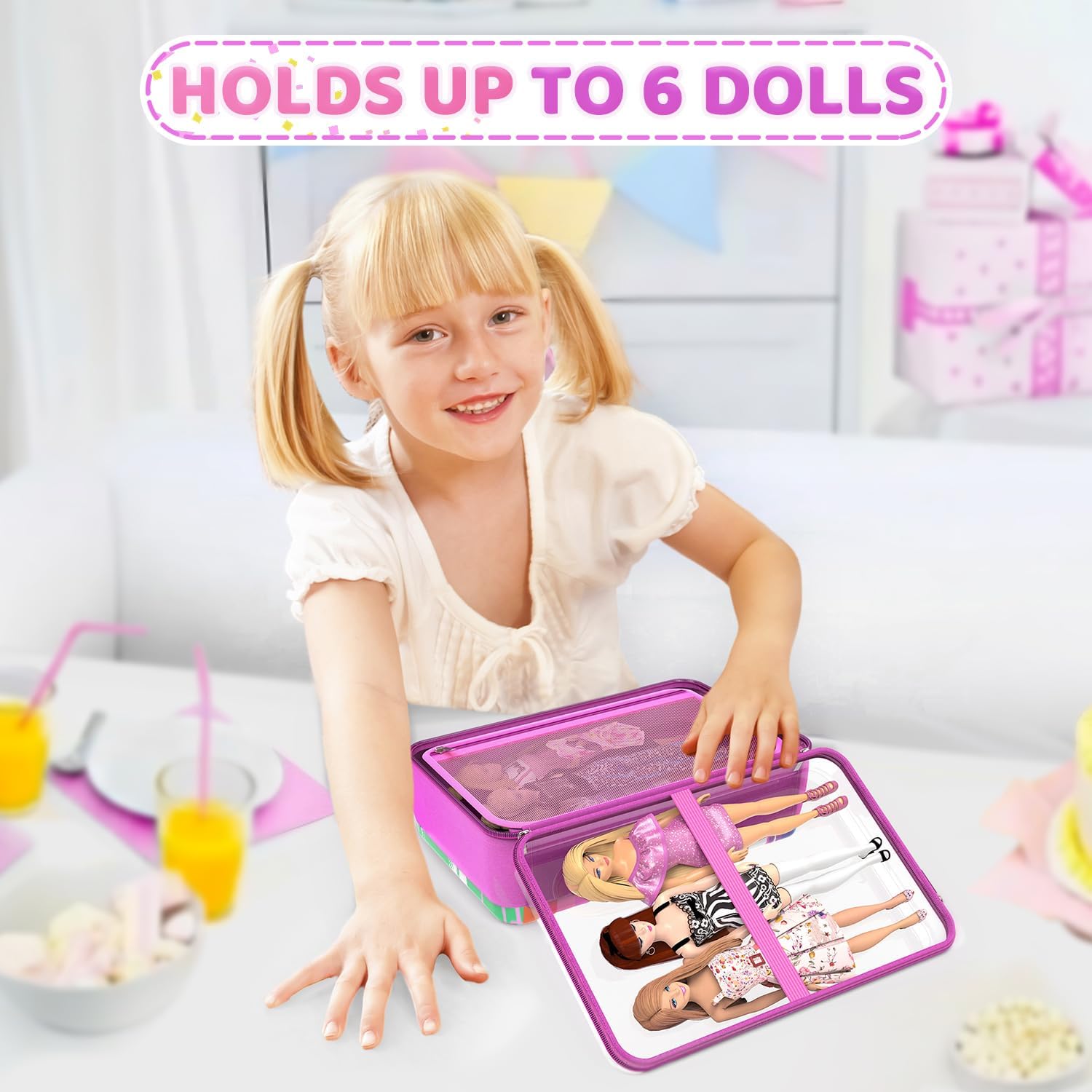 Carrying Case Compatible with Barbie Dolls 12-Inch,Case to Hold Dolls and Clothes, Much Pocket for Doll’s Clothes, Accessories, Fits 6 Dolls & Accessories,Bag Only (7-Transparency&Rainbow)