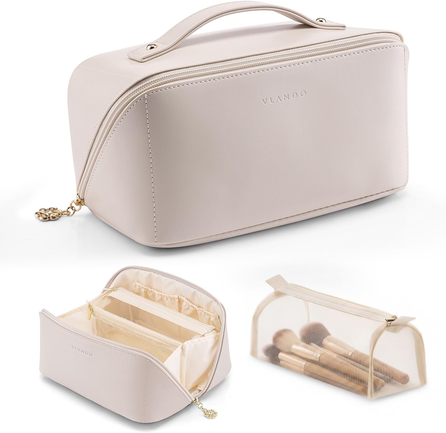 Travel Makeup Bag, PU Leather Travel Toiletry Bag Cosmetic Bag, 01-White, White, Fashion