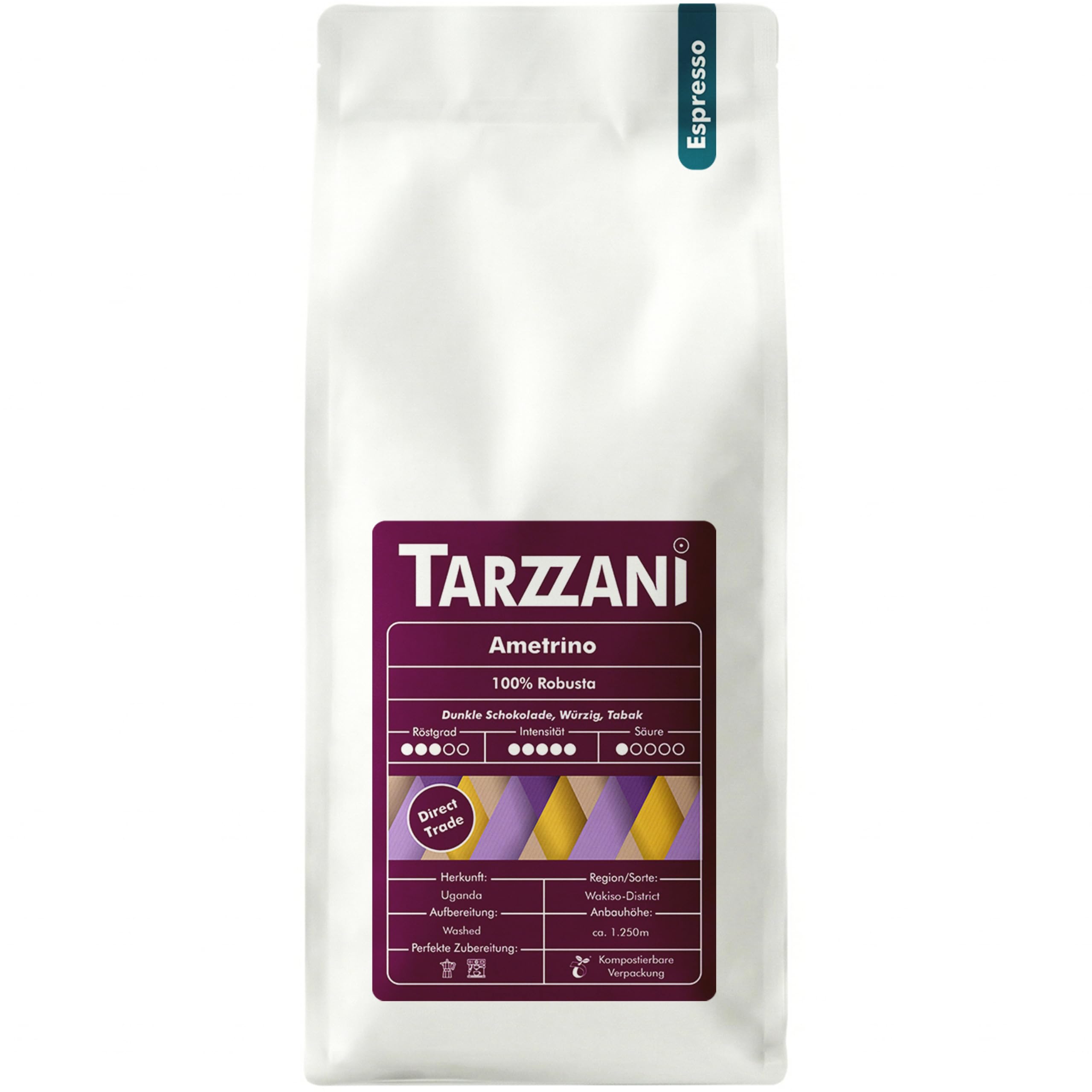 Tarzzani Espressobohnen Amertrino, 1 kg, kräftiger Espresso mit Noten von dunkler Schokolade, 100% Robusta Kaffeebohnen, hoher Koffeingehalt, 60% mehr Koffein