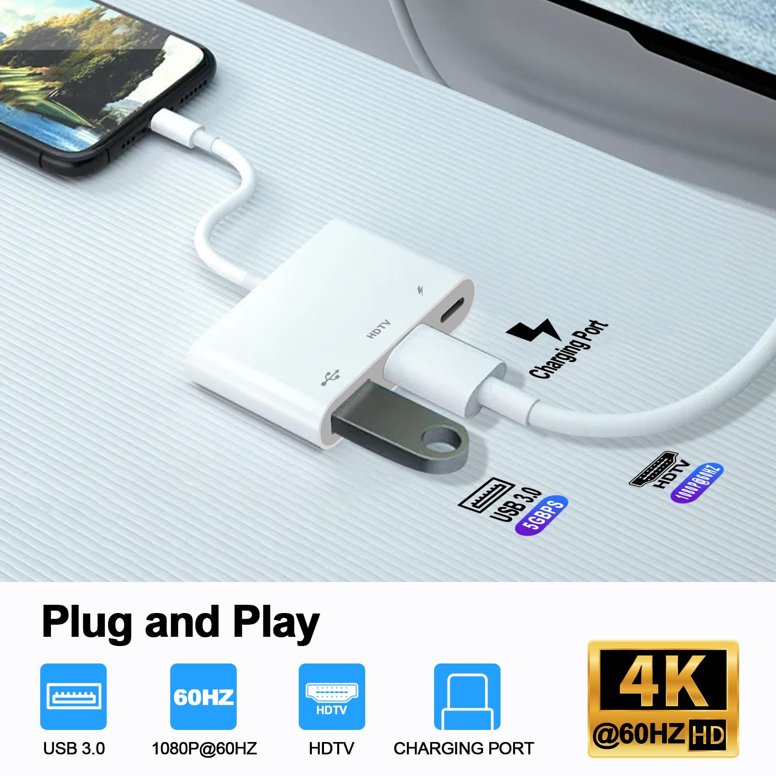 [Certifié Apple MFi ] Hub Adaptateur AV numérique Light-ning pour iPhone iPad, hub d'éclairage 3 en 1 avec Sortie HDMI, Port USB OTG et Port de Charge, Prend en Charge la vidéo, Les Applications, Les