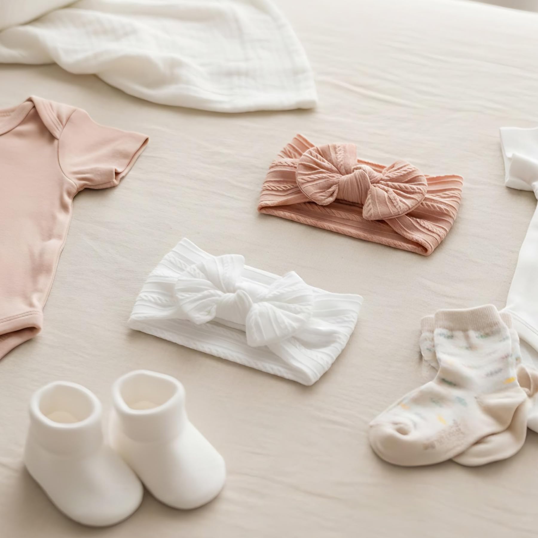 2 Pièces Bandeau Bébé Fille, Accessoire Cheveux, Serre-Tête, Arc Élastique, Coffret Cadeau - Blanc, Rose