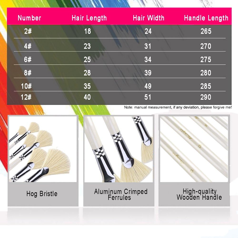 Amagic Fan Brush Set - Hog Bristle Natural Hair - Artist Soft Anti-Shedding Paint Brushes for Acrylic Watercolor Oil Painting, Long Wood Handle with Case, Set of 6