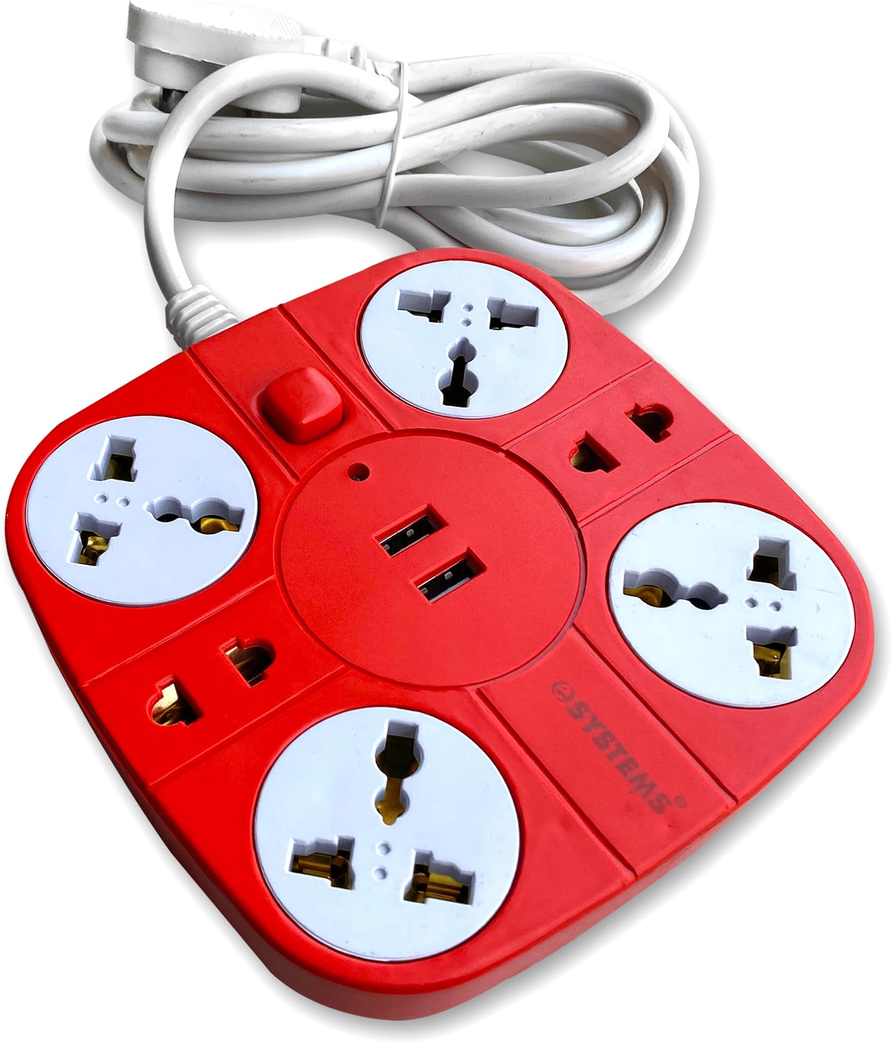 Extension Cord with USB Port, 10A (6 Universal Socket) + (2 USB Fast Charging Port) Multi Plug Point Strip Extension Board (Fire Flame Proof), (2 Meter Long Wire) for Home, Office (Red)
