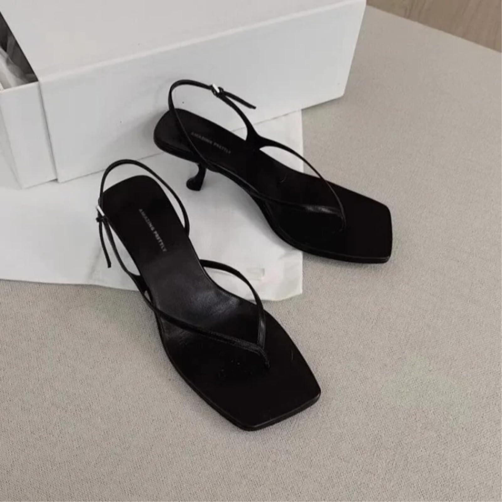 Pantofole Donna Gattino Tacco Slingback Sandali Quadrato Punta Tanga Scarpe Estive, Cinturino Regolabile-brown-39
