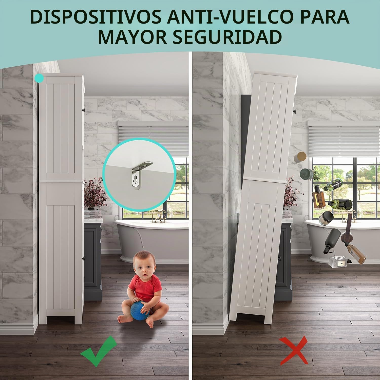 Bealife Mueble Columna de Baño Estrecho，Alto Muebles auxiliares de baño con Estantes Ajustables, 1 Cajón, Puertas y Compartimento Abierto, 170X40X30CM