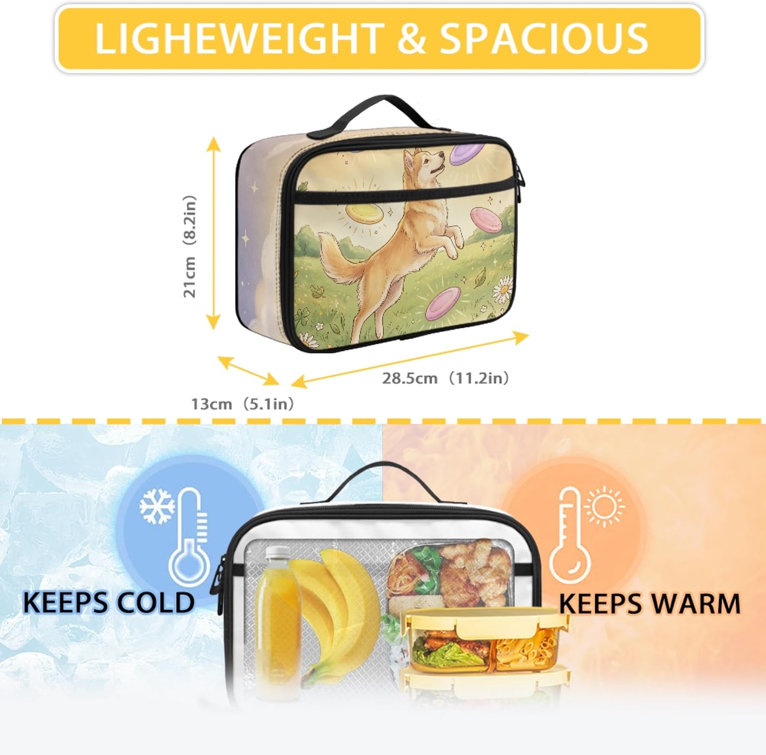 Amzbeauty Cute Animal Backpack Set For Girls Dog Playing Frisbee Print 17 Inch Sturdy Backpack With Portable Lunch Bag Back To School Large Capacity Book Bags