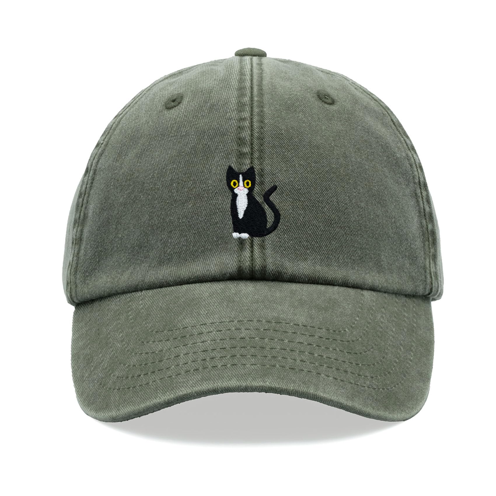 Black & White Tuxedo Cat Baseball Cap Vintage Washed Unisex Dad Hat Adjustable Olive