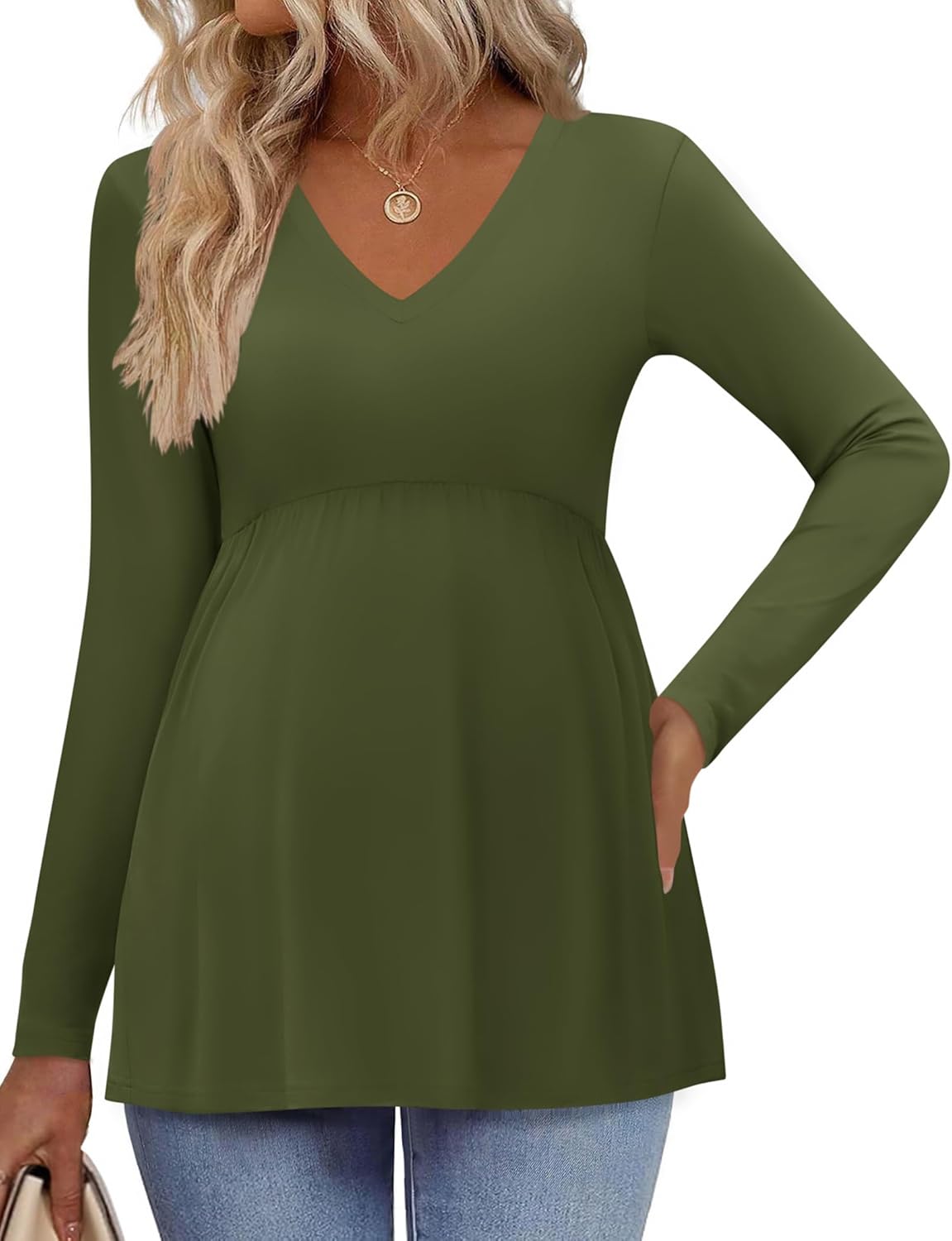 Ekouaer Women’s Maternity Shirts Long Sleeve Pregnancy Tops for Women V Neck Tunic Blouses Clothes