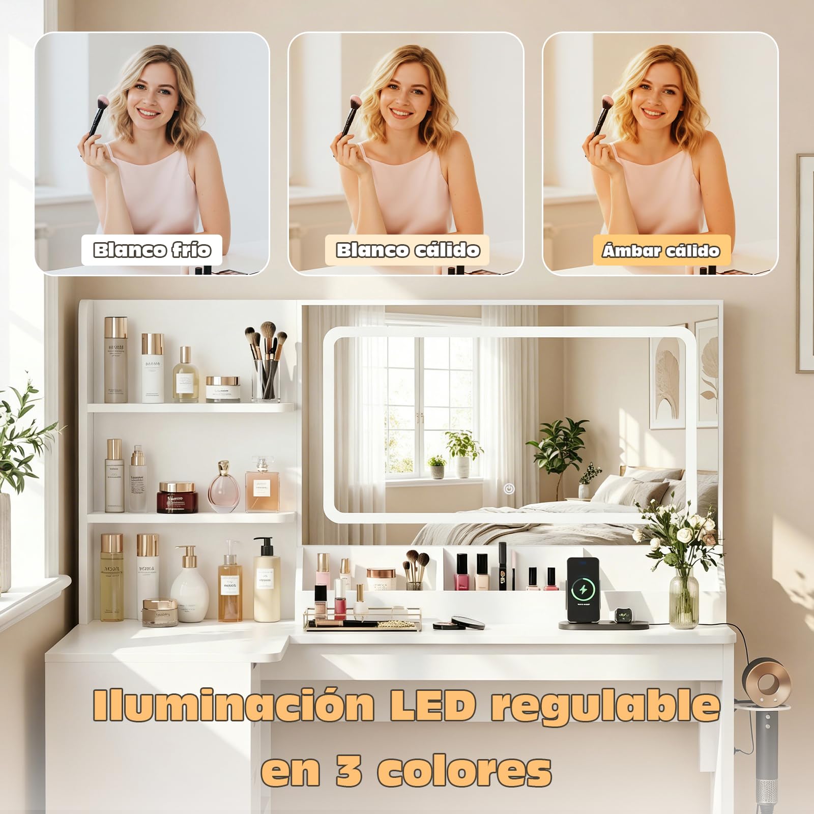 TRIUMPHKEY Tocador de Esquina con Espejo, Mesa de Maquillaje con Luces LED Brillo Ajustable con Enchufes, Soporte para Secador, 5 Cajones, Estante Abierto, Armario Lateral, Moderno, Blanco
