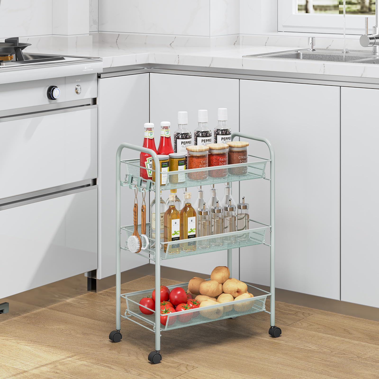 Urackify Carrello multifunzione portatile da cucina a 3 ripiani, per bagno, cucina e lavanderia. Metallo antiruggine, cestino a rete traspirante e gancio laterale inclusi. Facile da montare,verde