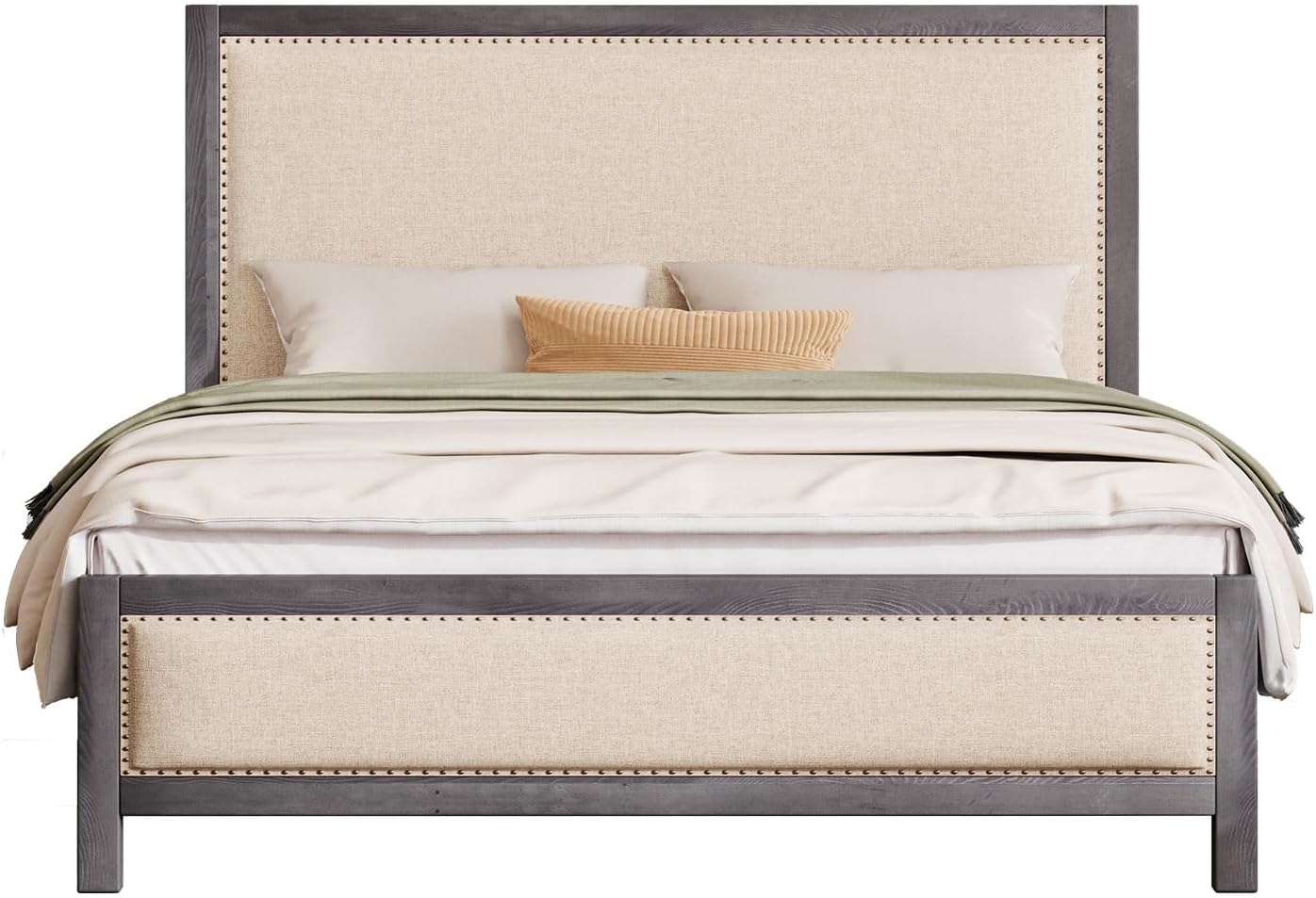 YUMPIE Queen Solid Wood Bed Frame, Upholstered Platform Bed with Tall Headboard & Footboard, Brass Nail Trim with Linen Fabric, Metal Strong Supports, Noise-Free, No Box Spring Needed, Rustic Blue