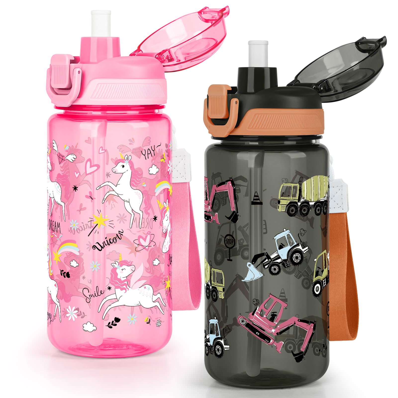 omedecal 600ml Kids Water Bottle with Pop-Up Lid & Lock, BPA-Free, 2-in-1 Removable Straw or Direct Drink Plastic Water Bottle, Dishwasher Safe, Handle Strap, Boys & Girls, Unicorn & Excavator