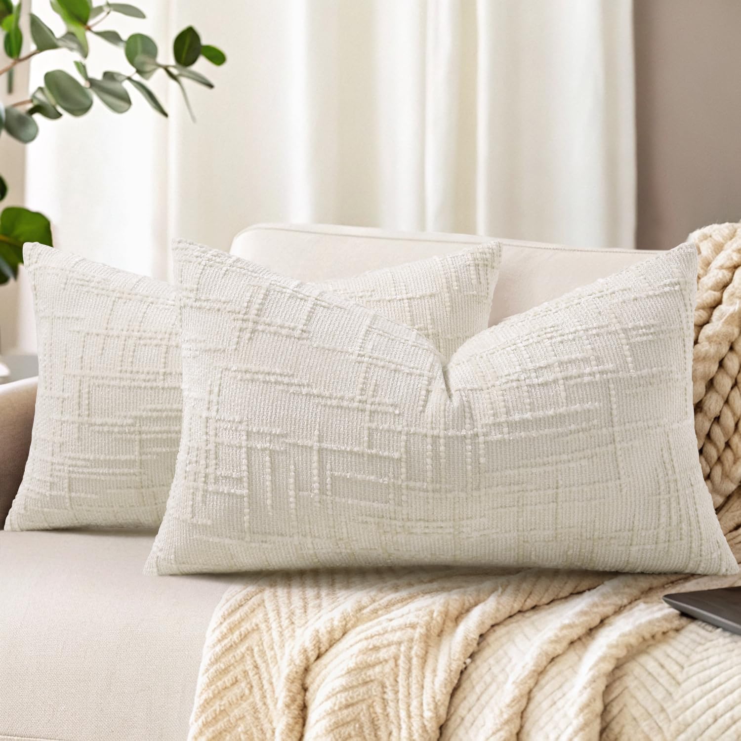 decorUhome Summer Cream White Chenille Throw Pillow Covers 12x20 Set of 2 Textured Soft Cozy Slubby Couch Pillow