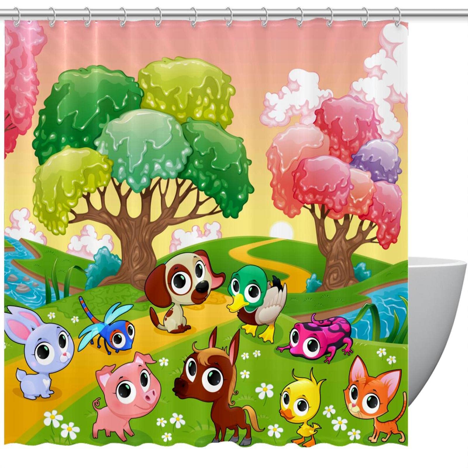 Rideau de douche animaux mignons 183 cm pour baignoire familiale