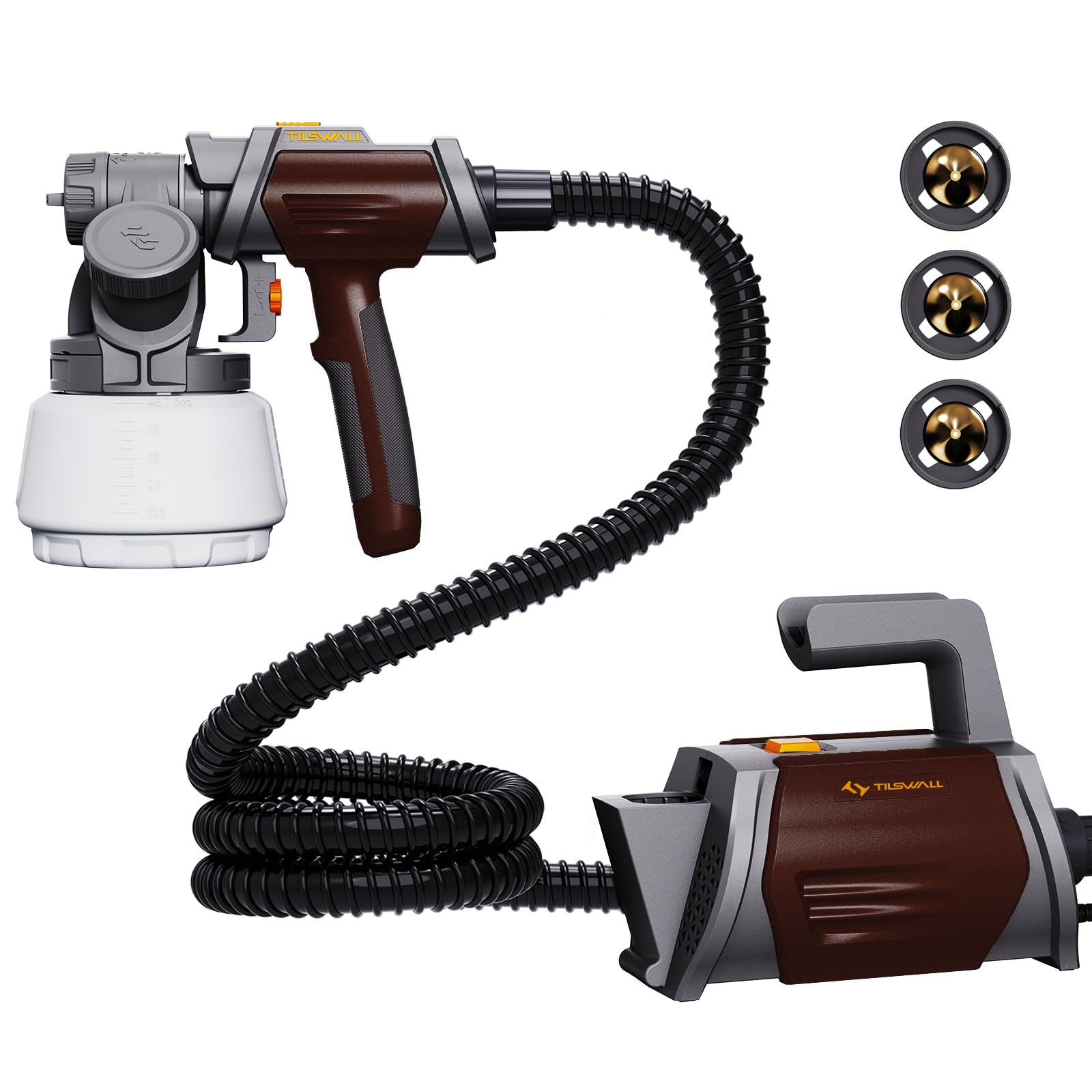 Tilswall Pistola Pintura, Pulverizador de Pintura HVLP 800W, 4 Boquillas y 3 Patrones, Contenedor de Pintura con Recarga Lateral, 120 DIN-s Pistola de Pintura, para Vallas, Jardín y Muebles