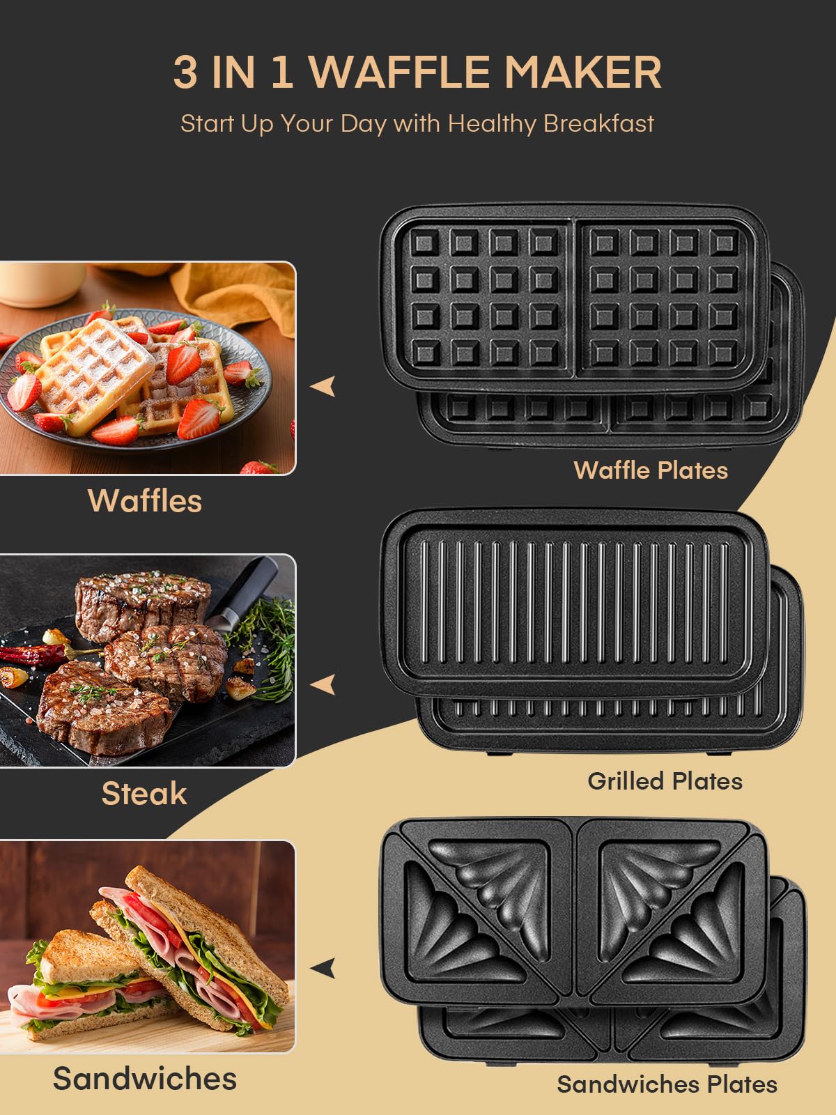 Gofrera 3 en 1, Plancha para Sandwichera con Regulador de Temperatura, 3 Plato Extraíble para Tostadas, luz Indicadora, Gofres y Carne, Acero inoxidable & Revestimiento Antiadherente, Negro