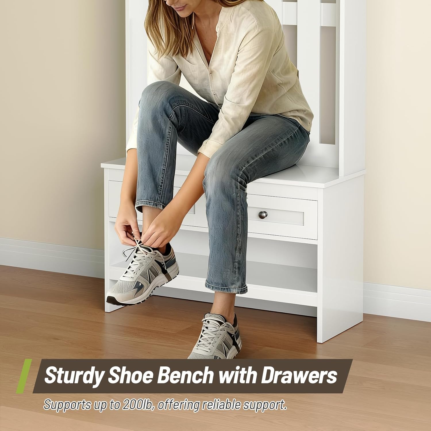 Hall Tree with Bench, Coat and Shoe Rack Entryway, Arched Entryway Organizer with 8 Hooks, Coat Rack with Shoe Bench and 2 Drawers for Hallway, Mudroom, Entryway, White