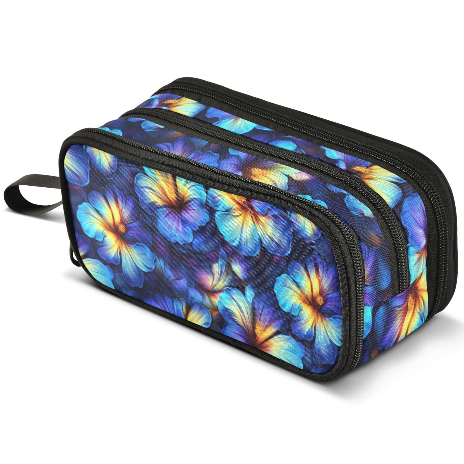 ALAZA Vibrant Blue Hibiscus Flowers Large Pencil Case, Pen Pouch Pencil Bag with 3 Compartments Pen Holder Organizer Stationery Bag