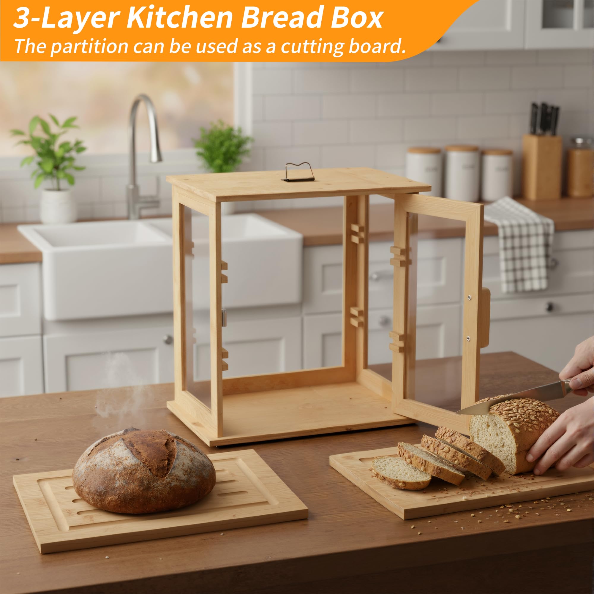 Panera de bambú para pan, contenedores de almacenamiento de pan de 3 capas, vitrina de colección de pan con ventana transparente y capa extraíble para cocina, montaje automático