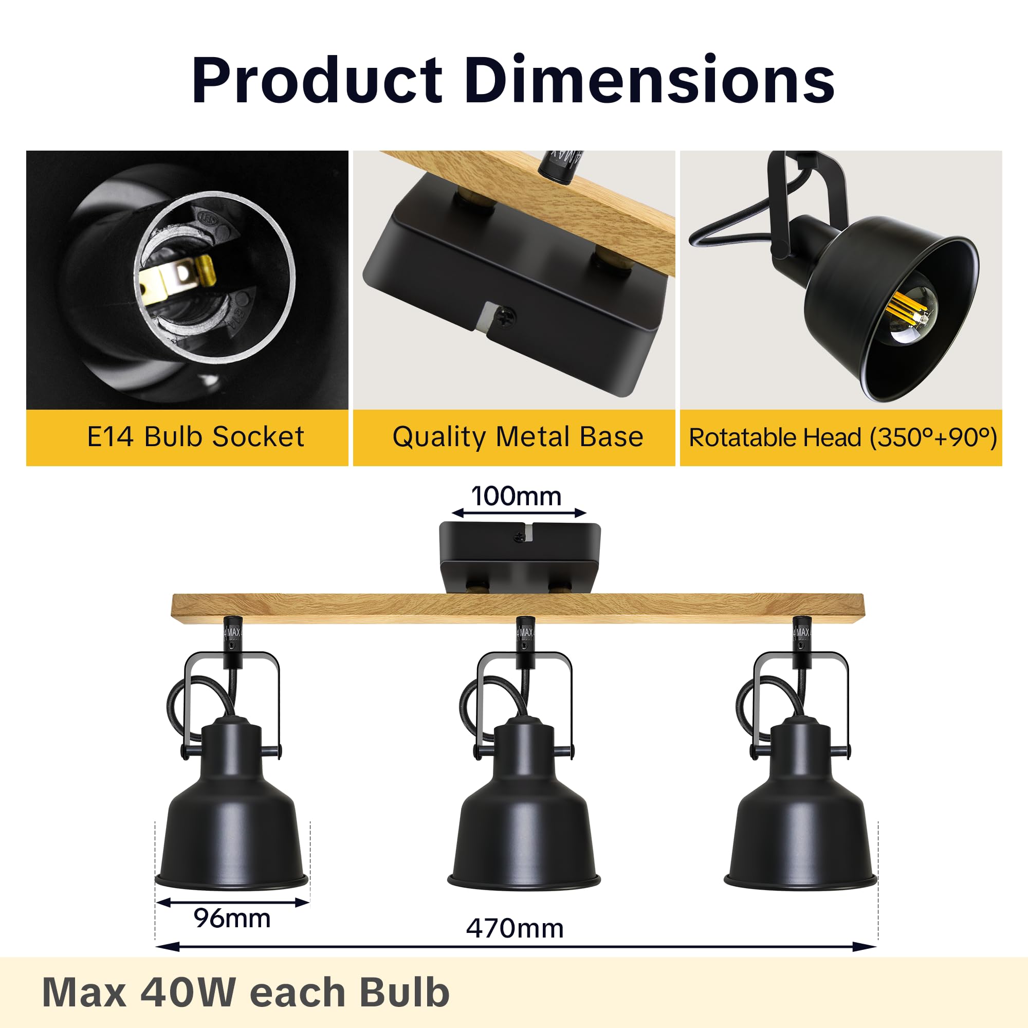 Deckenstrahler 3 Flammig Schwenkbar 350° LED Deckenleuchte E14 Fassung Industrial Holzmaserung Schwarz