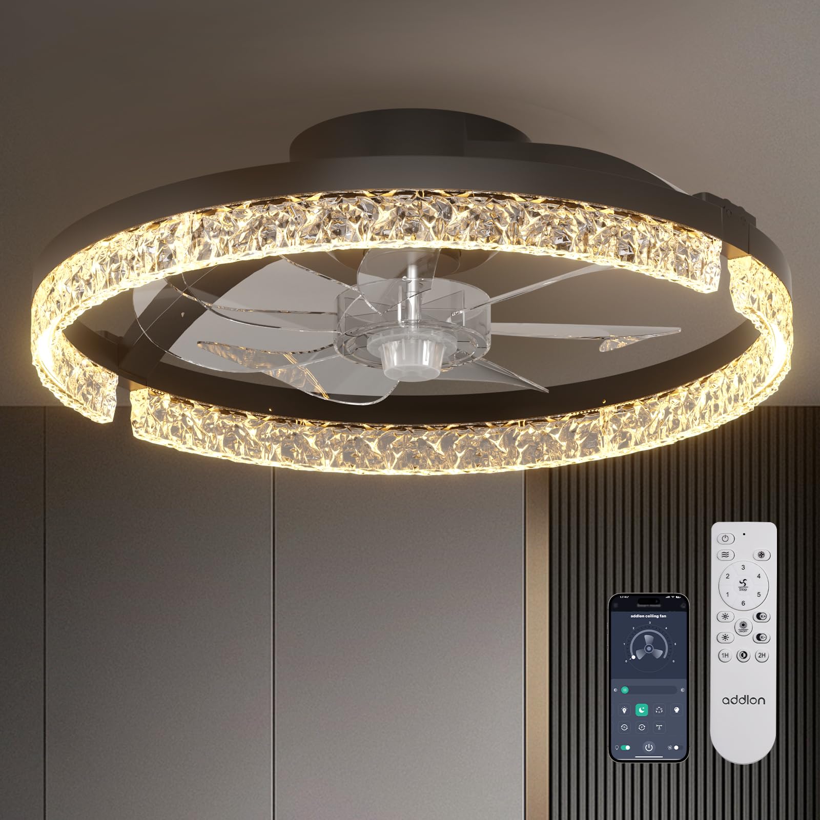 addlon Ceiling Fans with Lights and Remote, 18'' Low Profile Ceiling Fans, 3000-6000K Dimmable Modern Flush Mount LED Fan Light, Fandelier Ceiling Fan for Bedroom, Kitchen, Living Room, Black