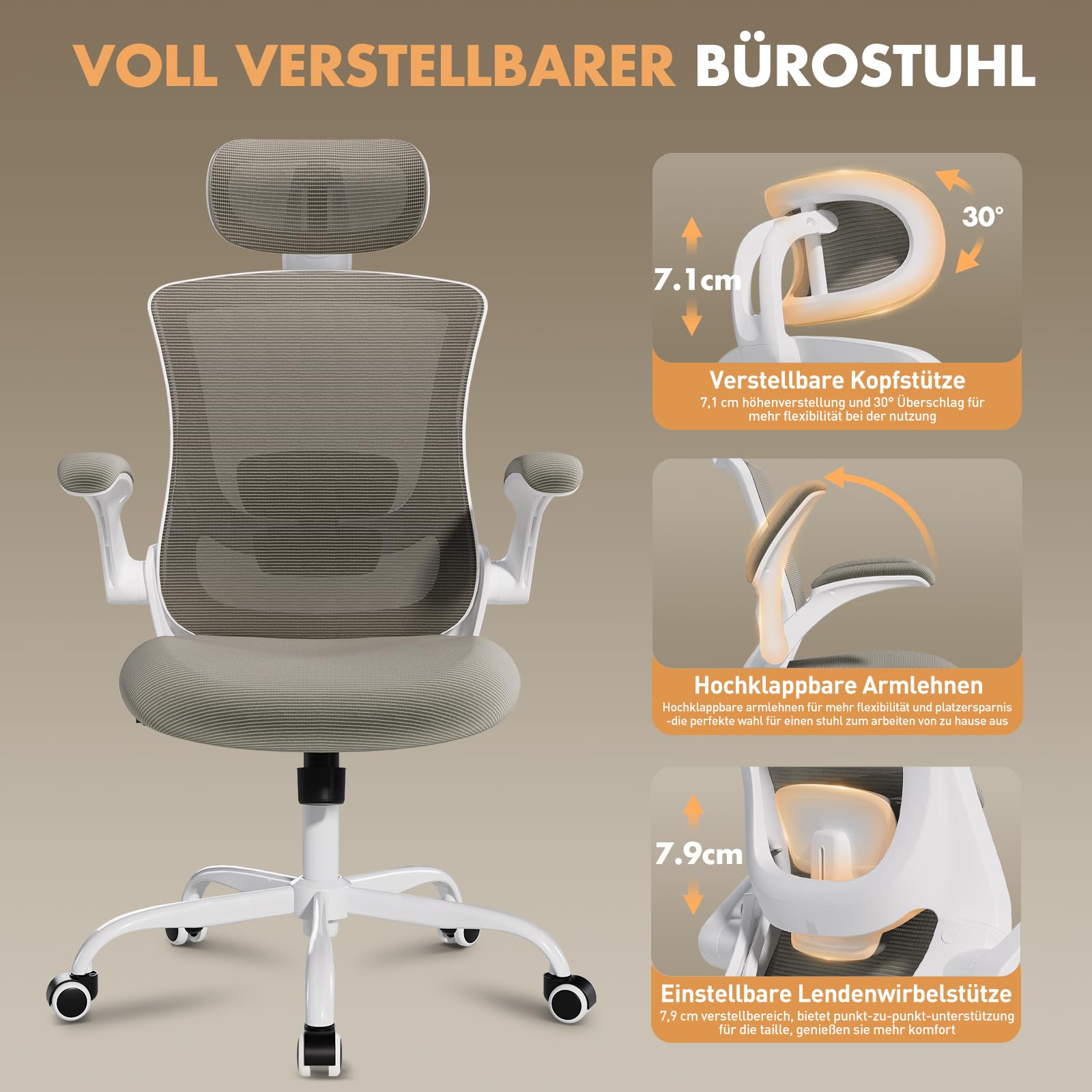 COLAMY Bürostuhl Mesh Computer Stuhl mit Verstellbarer Kopfstütze und Lendenwirbelstütze, Schreibtisch Ergonomischer Arbeitsstuhl mit hochklappbarer Armlehne, 140° Wippfunktion, Khaki