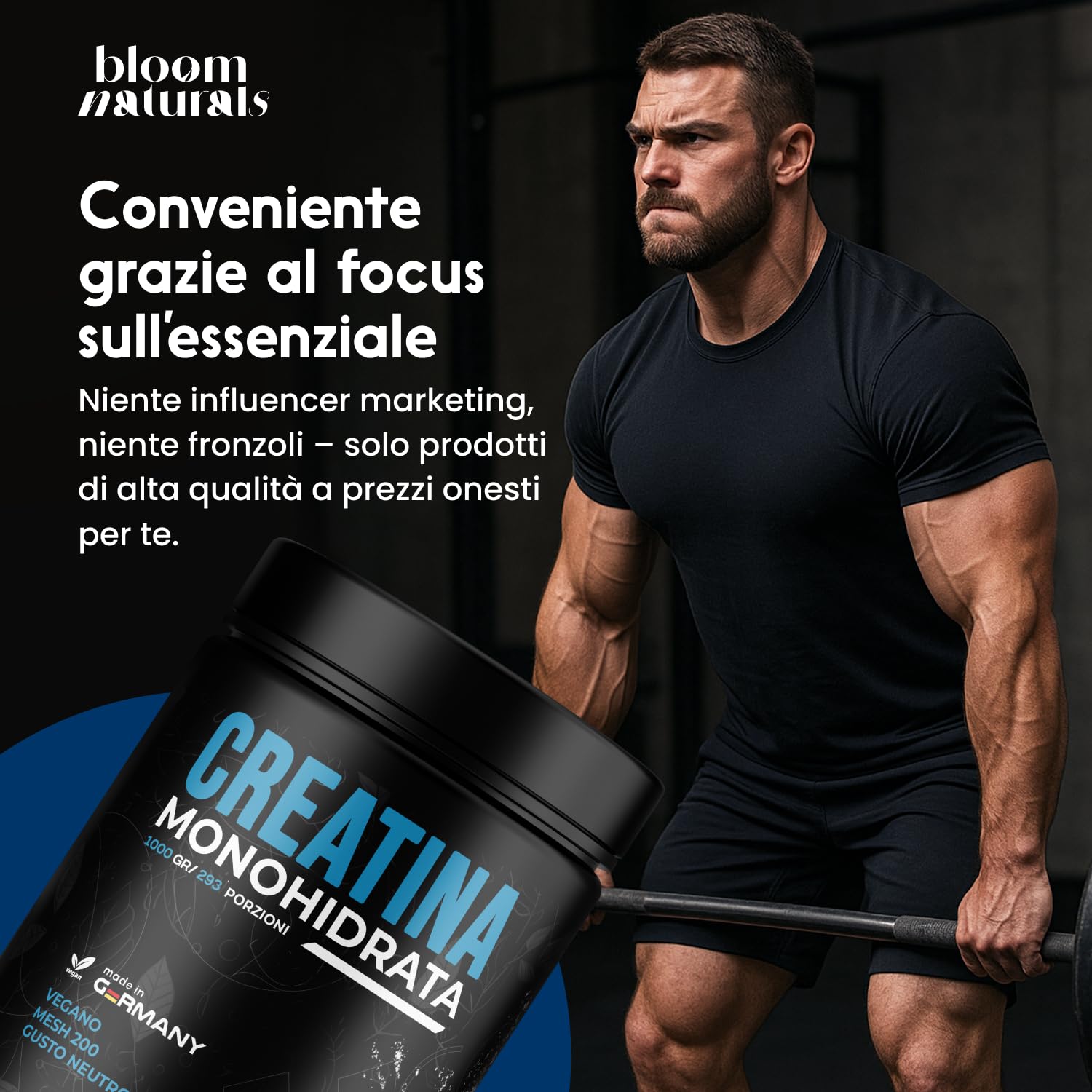 Creatina Monoidrata in Polvere 1000g – 293 Porzioni – Gusto Neutro, Mesh 200 – Vegana, Prodotta in Germania - Creatina Monoidrato Polvere - Creatine Monohydrate Pure - Testato in Laboratorio