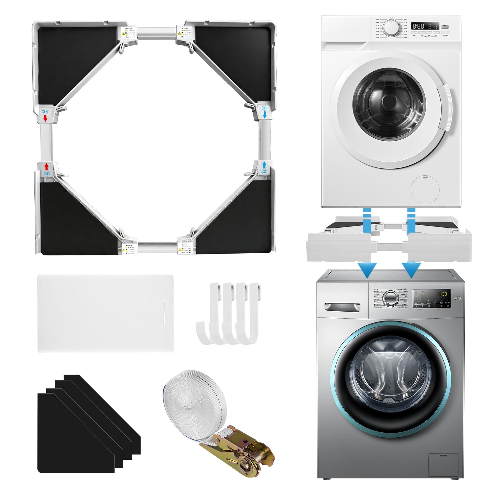 Waschmaschinen Untergestell, Zwischenbaurahmen Trockner Waschmaschinen, Universal Verbindungsrahmen Set für Waschmaschine und Trockner Stapelbausatz mit Ratschenseil, Einstellbare Breite von 45-70cm
