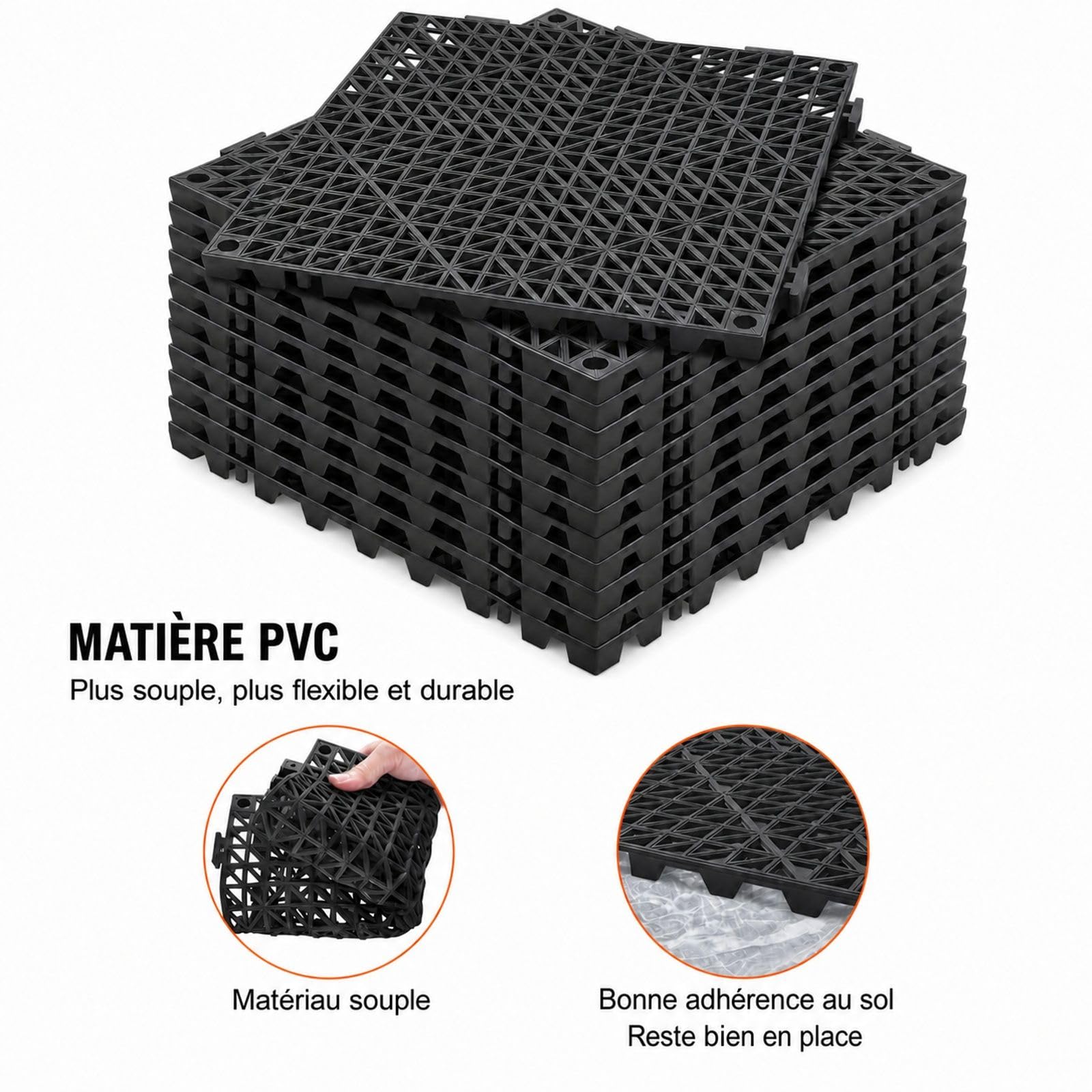 Lot de 12 dalles de sol en PVC noir, dalles clipsables ajourées pour jardin, piscine, terrasse, cuisine et salle de bain